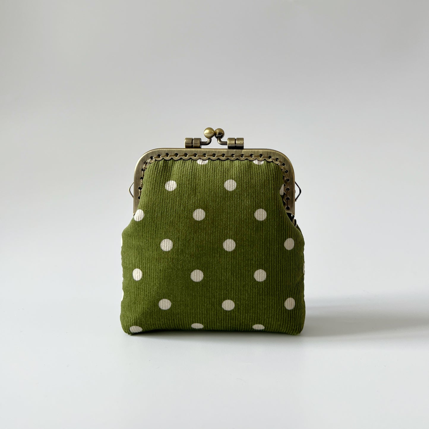 Olive Green Corduroy Polka Dots Card Purse - Handsewn Kiss Lock Purse