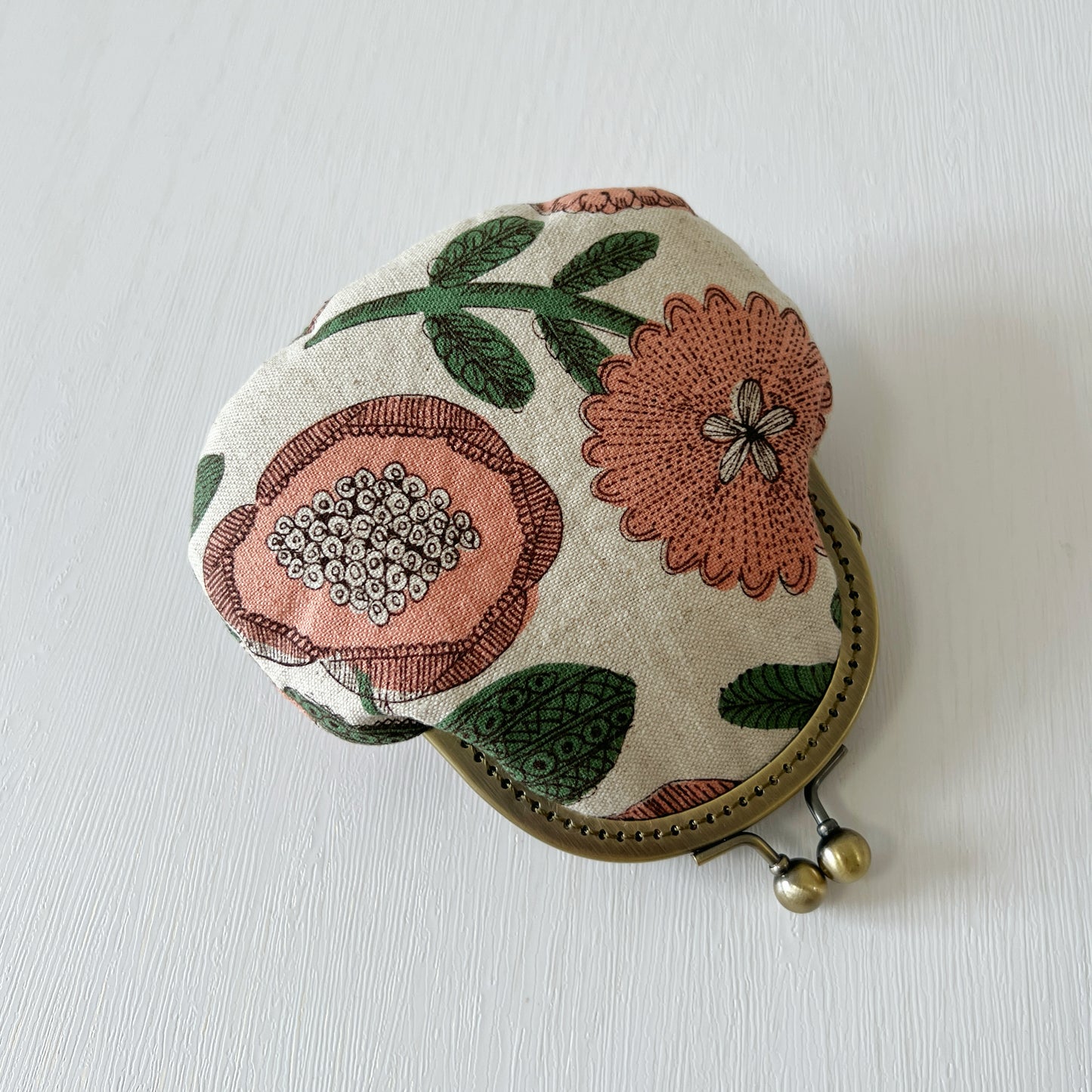 Cotton Canvas Pink Floral Fabric Kiss Lock Purse - Handmade Accessory Fabric Pouch