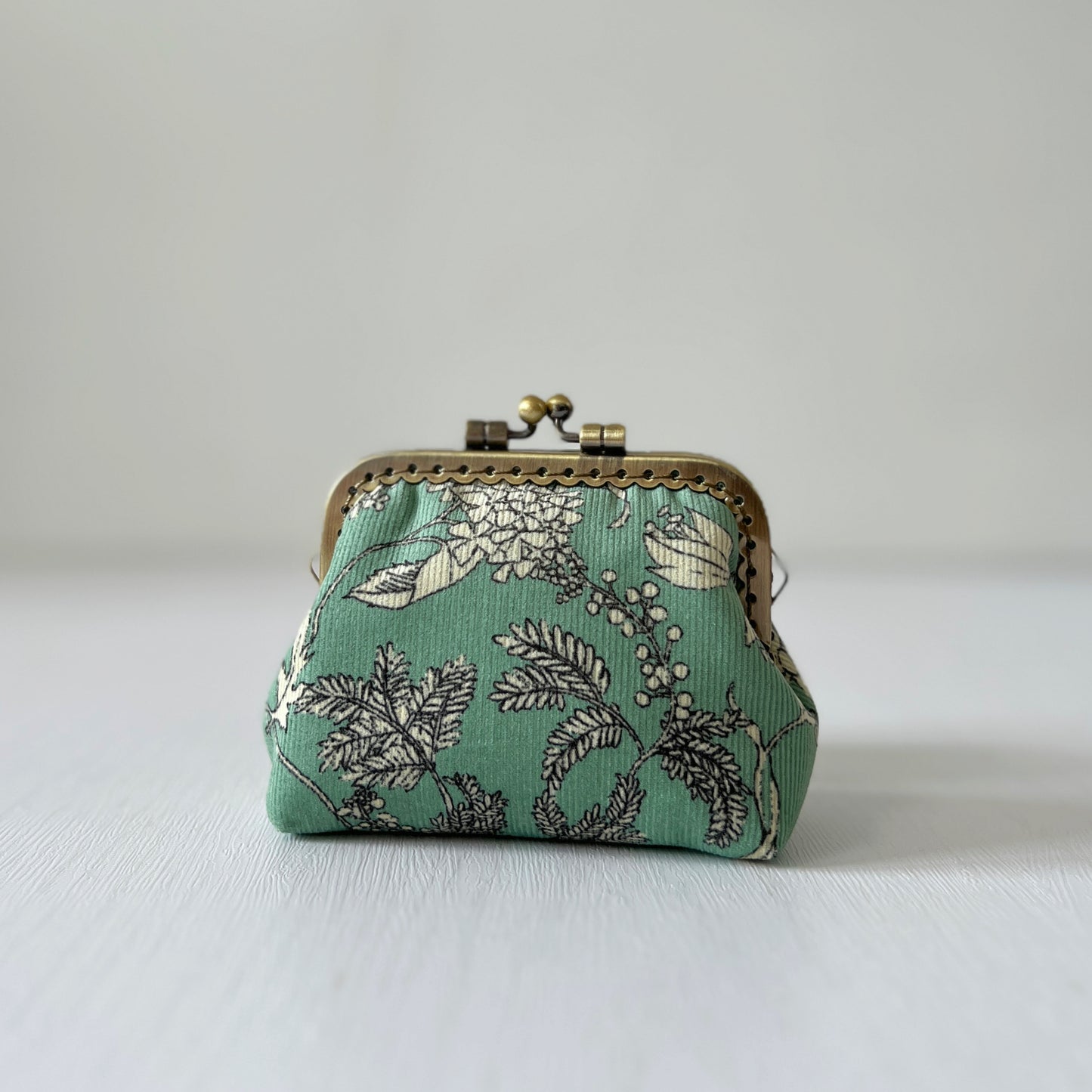 Mint Green Floral Fabric Kiss Lock Purse - Handmade Accessory Pouch