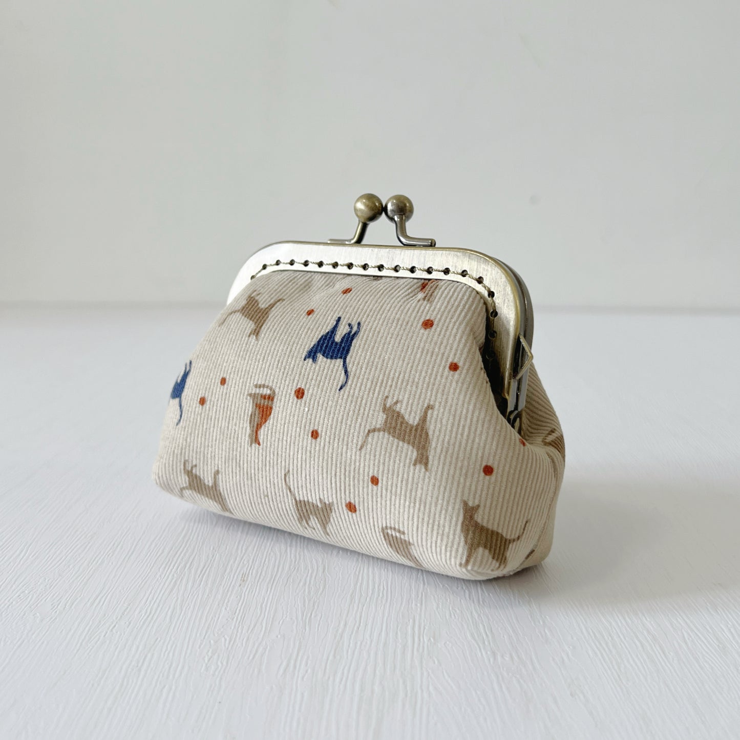 Beige Cats Corduroy Fabric Kiss Lock Purse - Handmade Accessory Purse