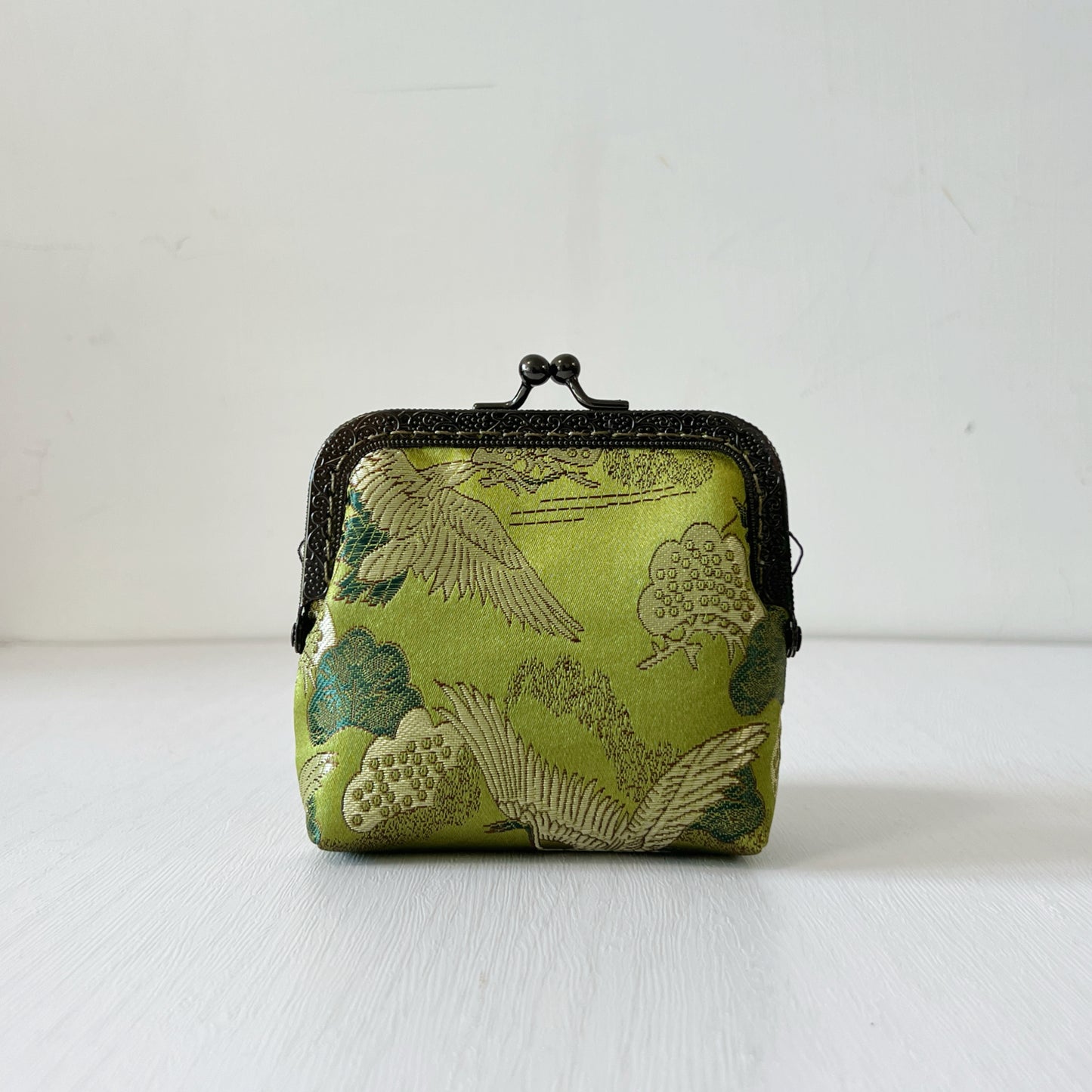 Olive Green Cranes - Handmade Kiss Lock Card Purse