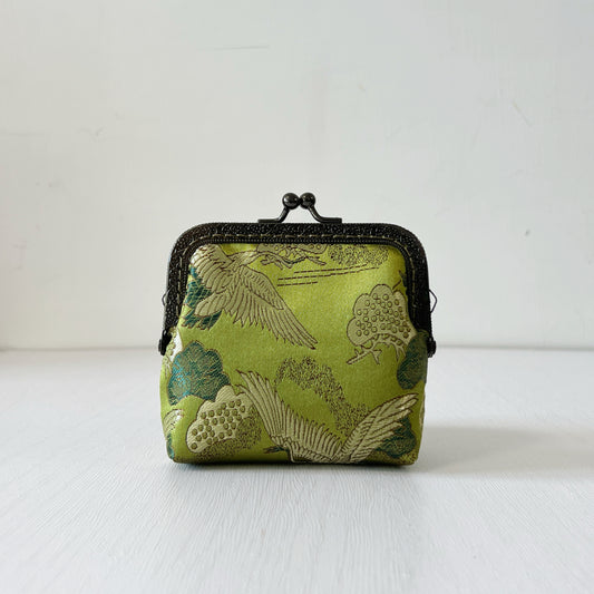Olive Green Cranes - Handmade Kiss Lock Card Purse