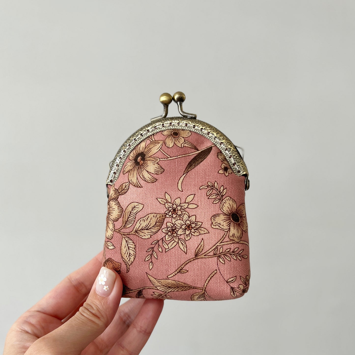 Old Pink Floral Fabric Kiss Lock Purse - Handmade Accessory Pink Fabric Pouch