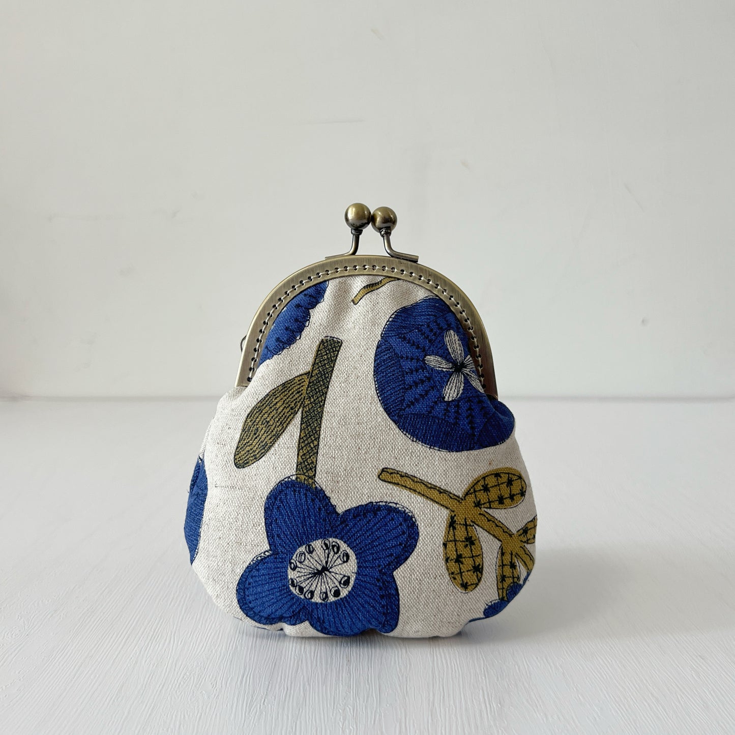 Cotton Canvas Blue Floral Fabric Kiss Lock Purse - Handmade Accessory Fabric Pouch