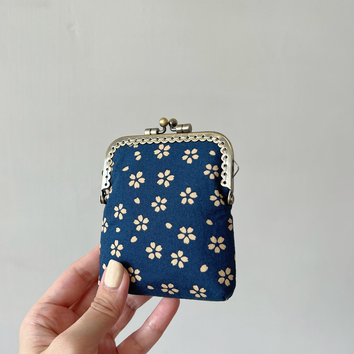 Blue Cherry Blossom - Handsewn Kiss Lock Fabric Purse - Cotton