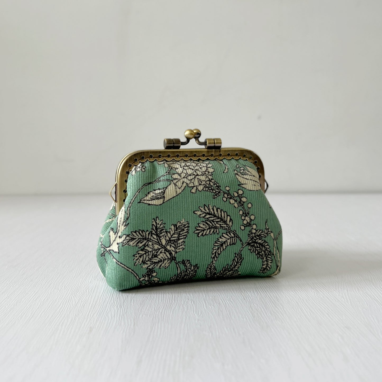Mint Green Floral Fabric Kiss Lock Purse - Handmade Accessory Pouch