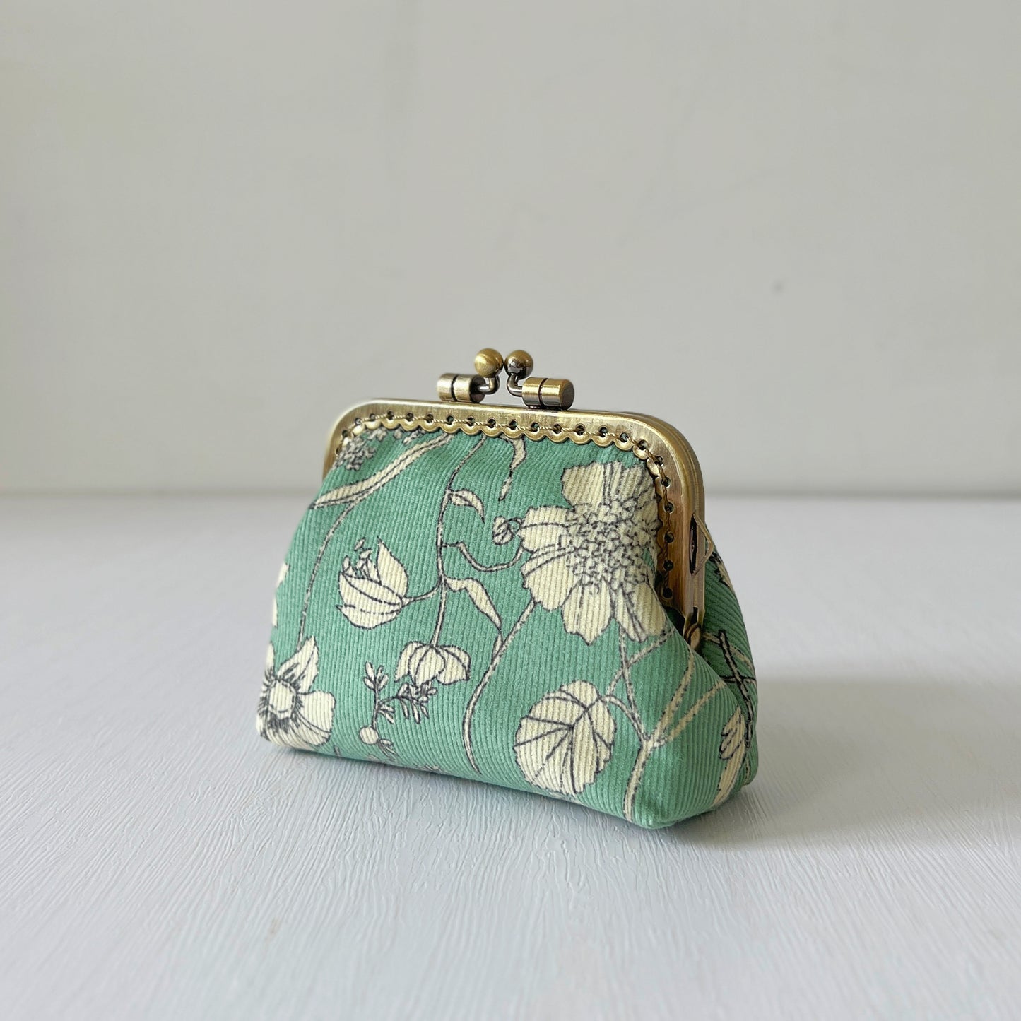 Mint Green Floral Fabric Kiss Lock Purse - Handmade Accessory Pouch