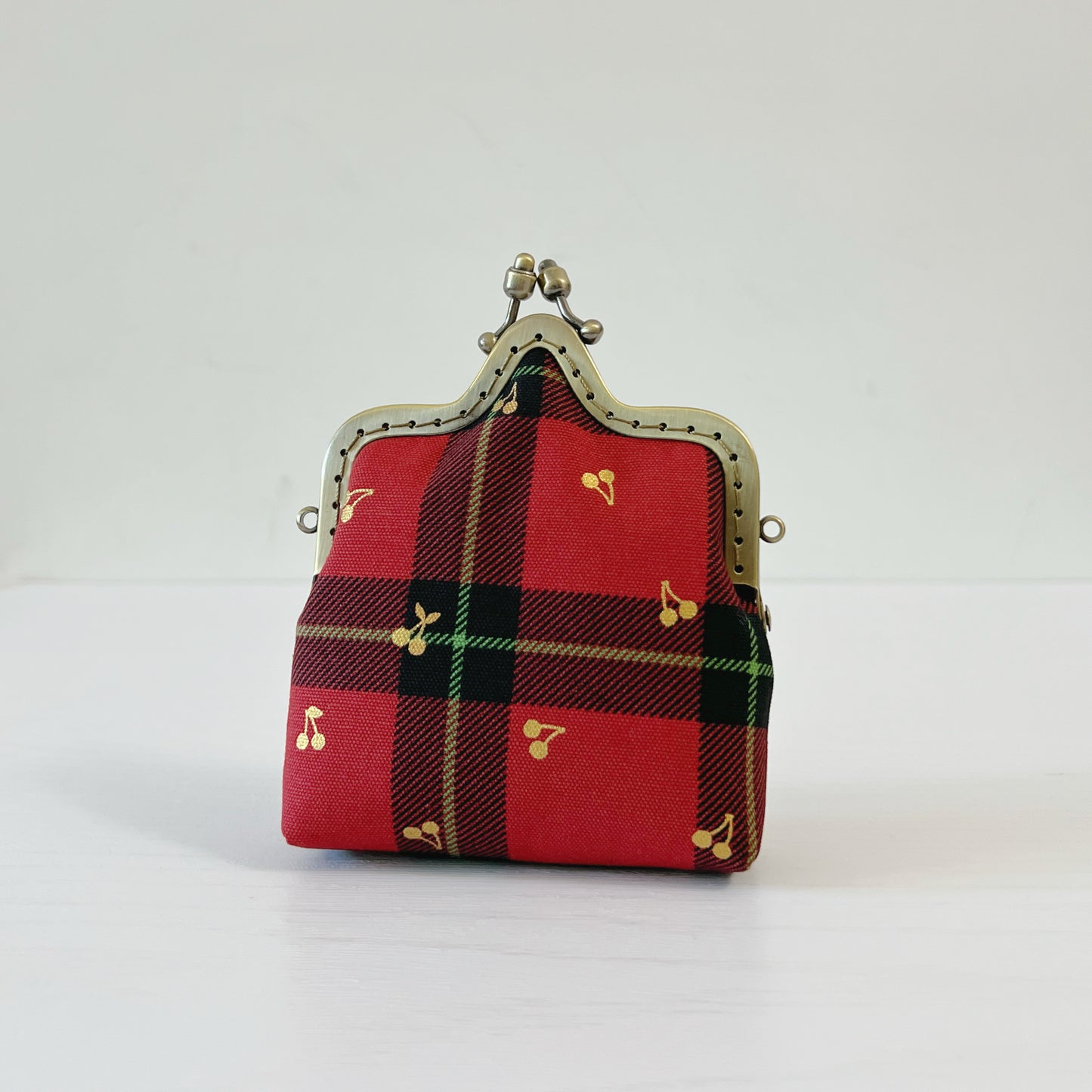 Red Tartan Cherries - Handmade Kiss Lock Crossbody Small Purse