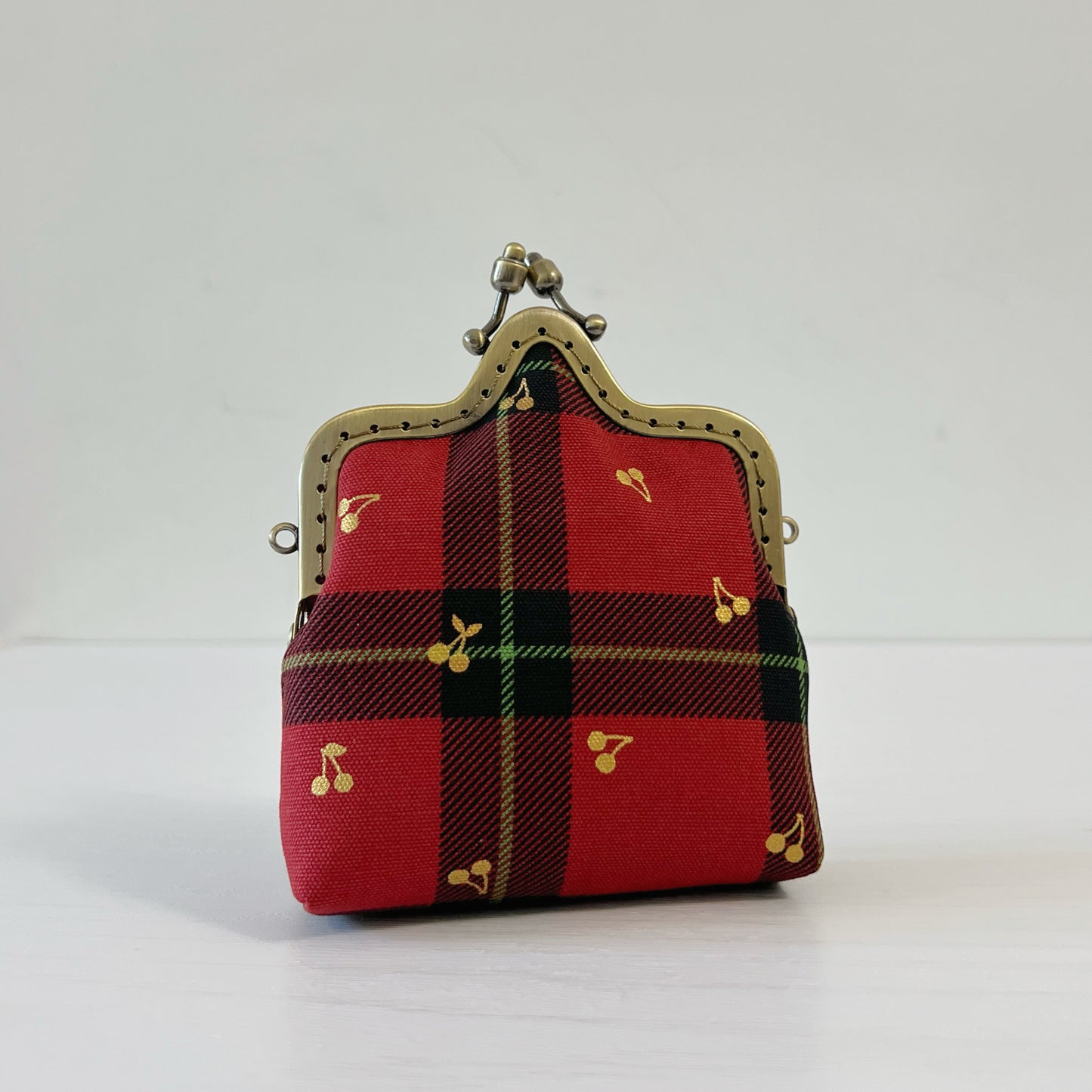 Red Tartan Cherries - Handmade Kiss Lock Crossbody Small Purse