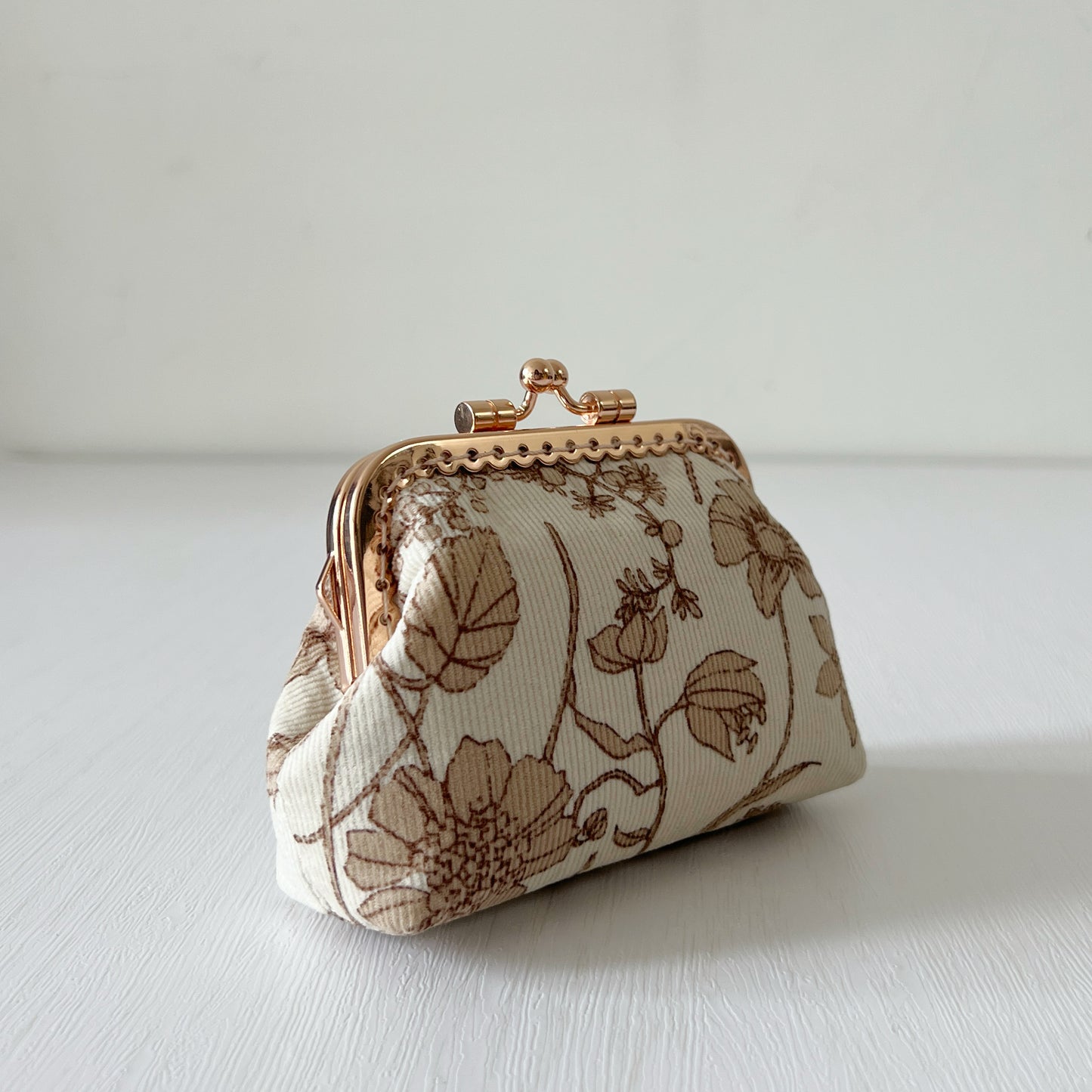 Beige Cream Floral Fabric Kiss Lock Purse - Handmade Accessory Purse