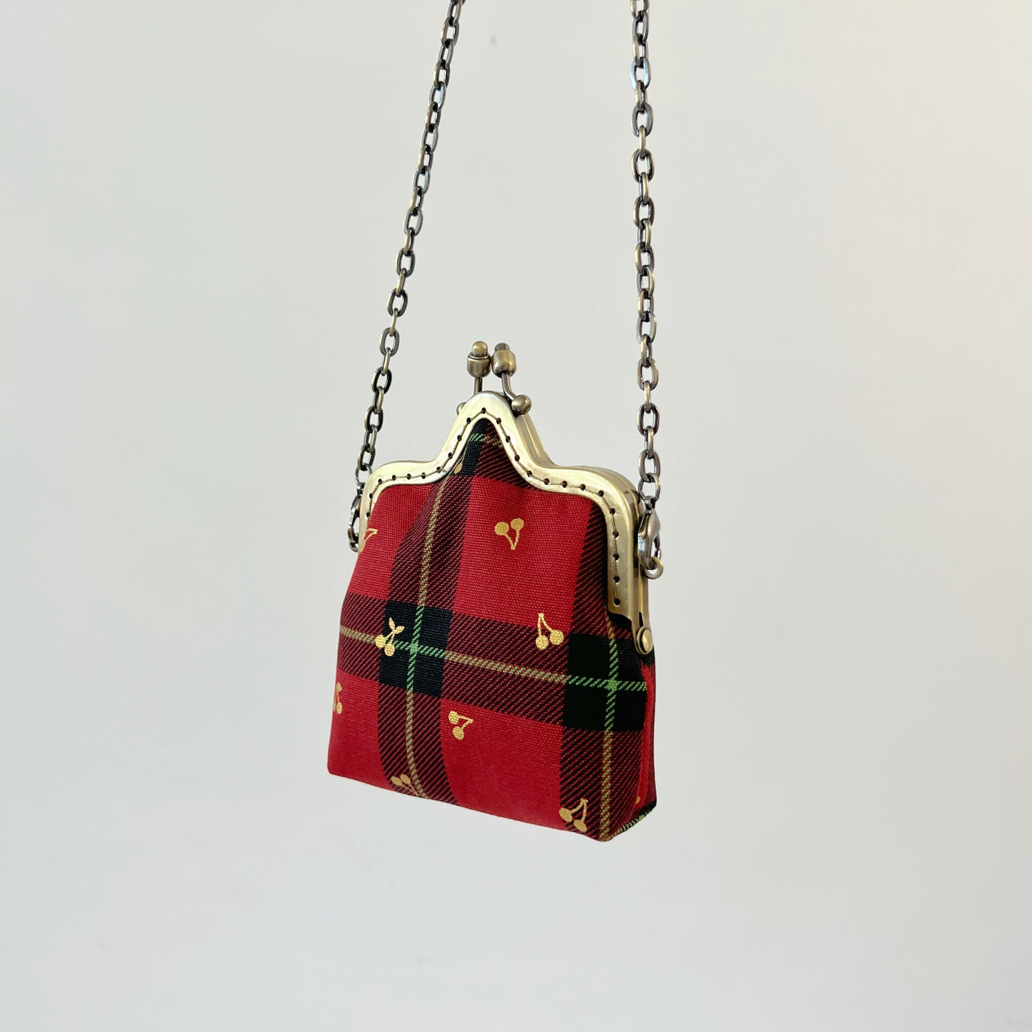 Red Tartan Cherries - Handmade Kiss Lock Crossbody Small Purse