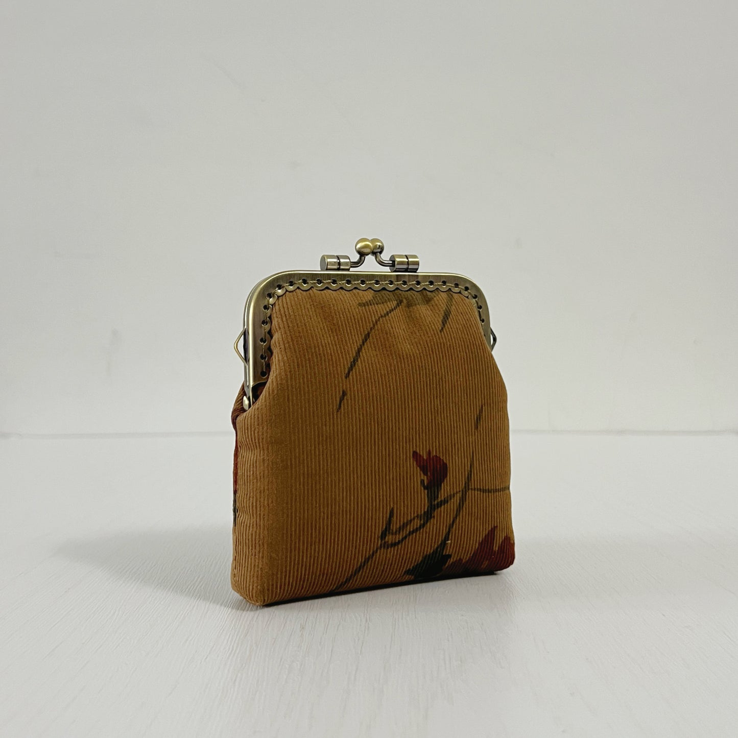 Old Brown Garden Corduroy Card Purse - Handsewn Kiss Lock Purse