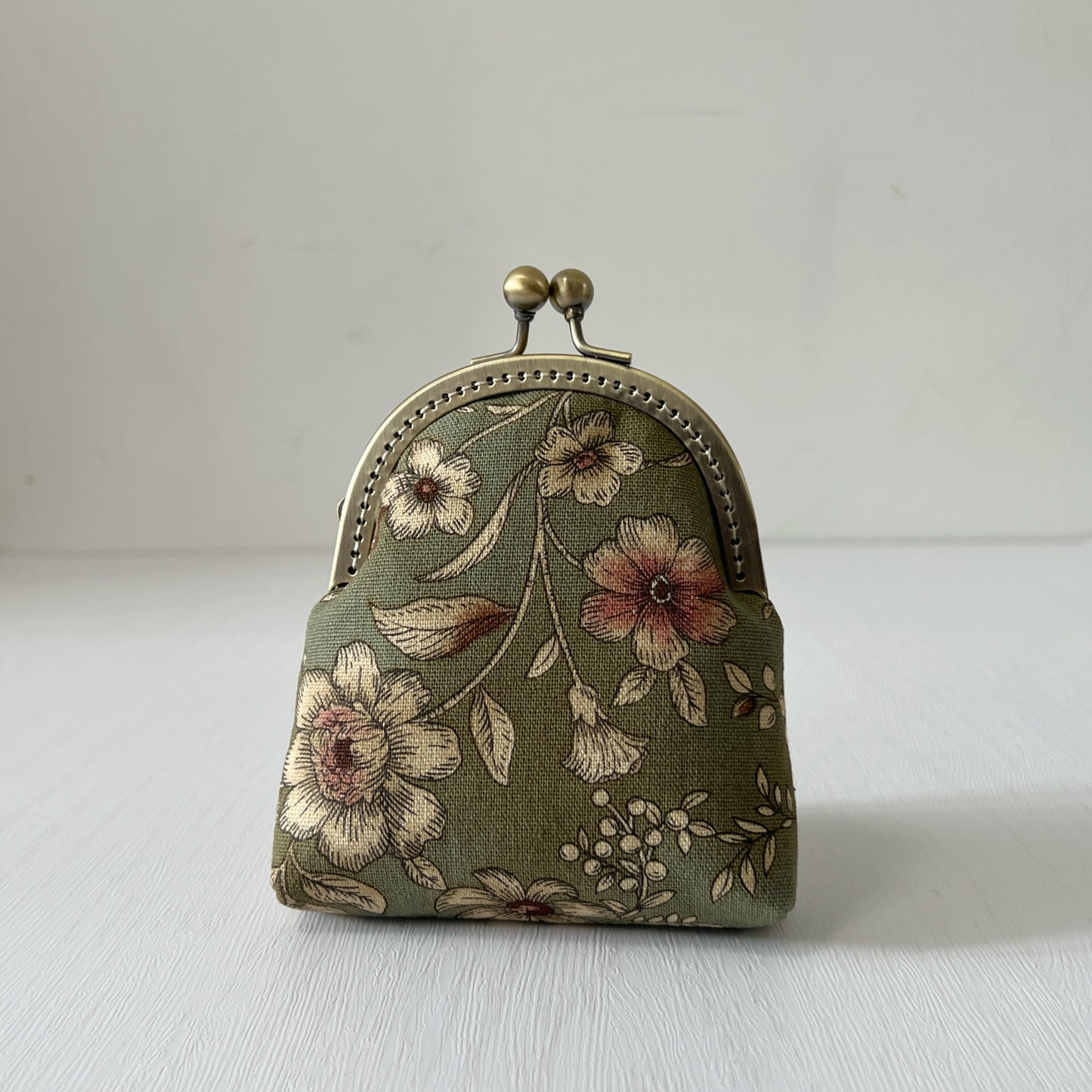 Old Green Garden Floral Fabric Kiss Lock Purse - Handmade Accessory Fabric Purse