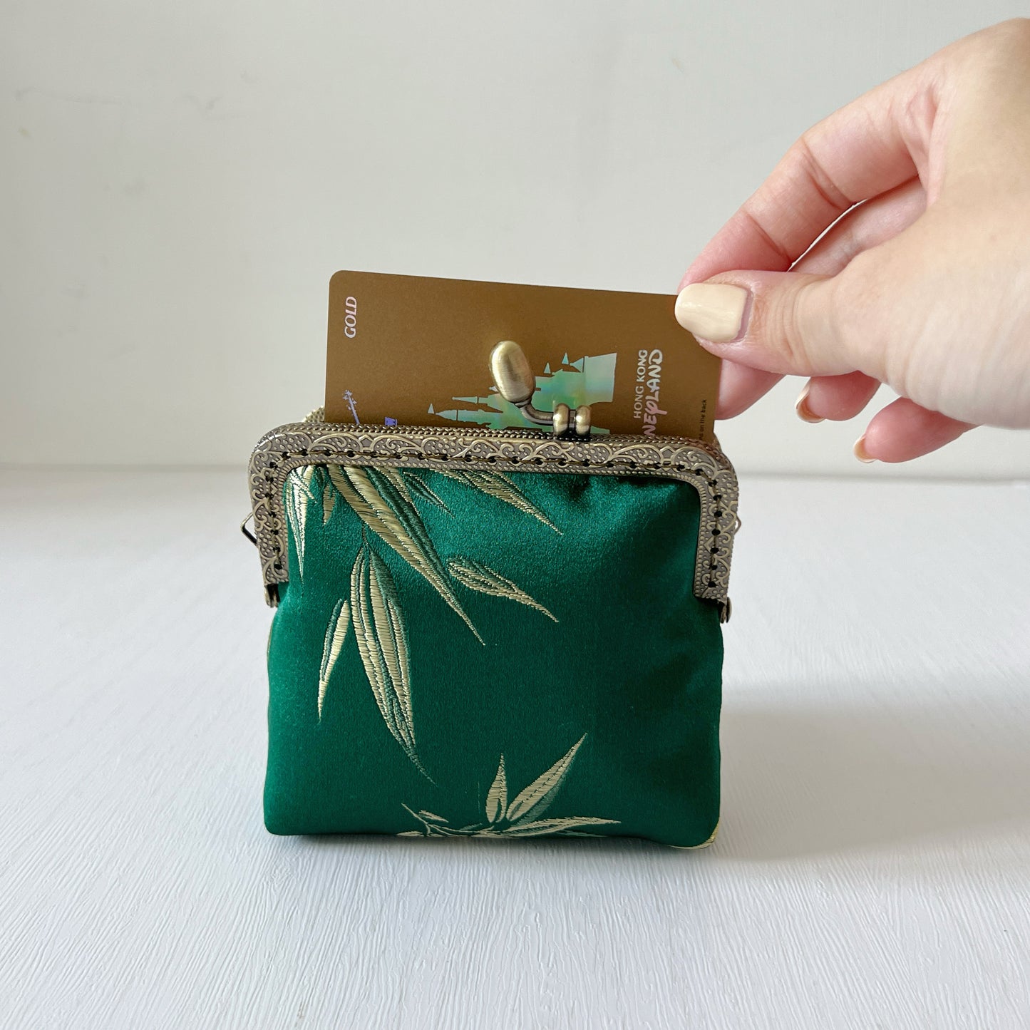 Green Bamboo Leaf - Handmade Kiss Lock Card Purse