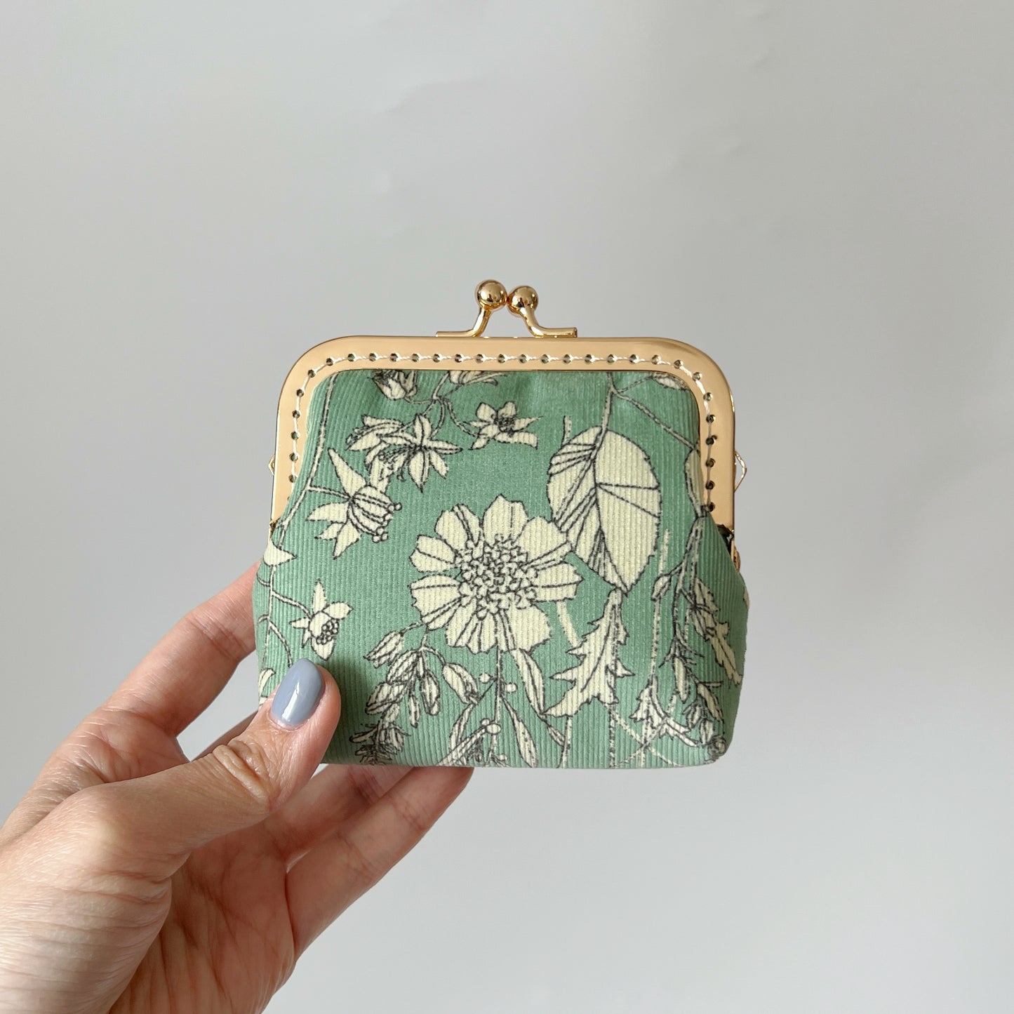 Mint Green Floral Corduroy - Handsewn Kiss Lock Card Purse