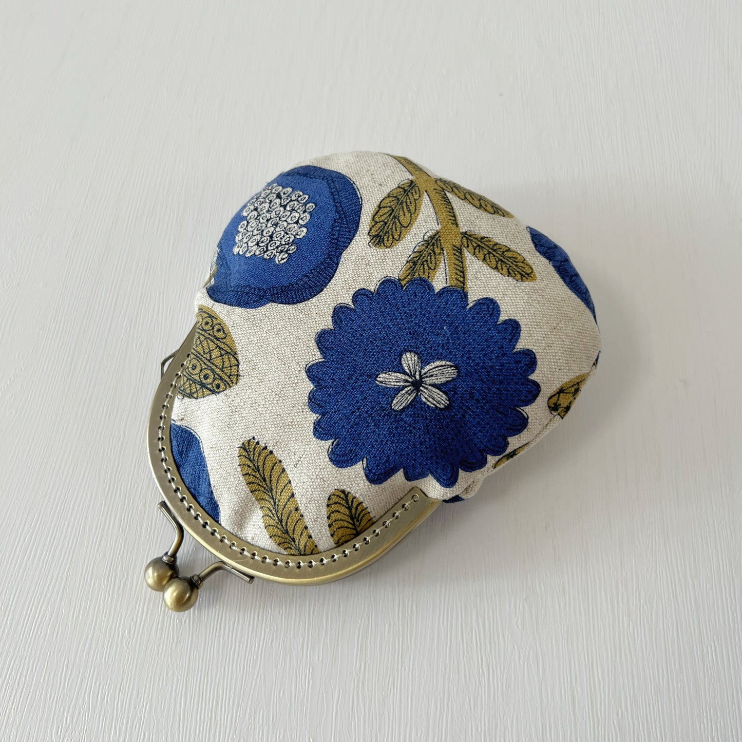 Cotton Canvas Blue Floral Fabric Kiss Lock Purse - Handmade Accessory Fabric Pouch