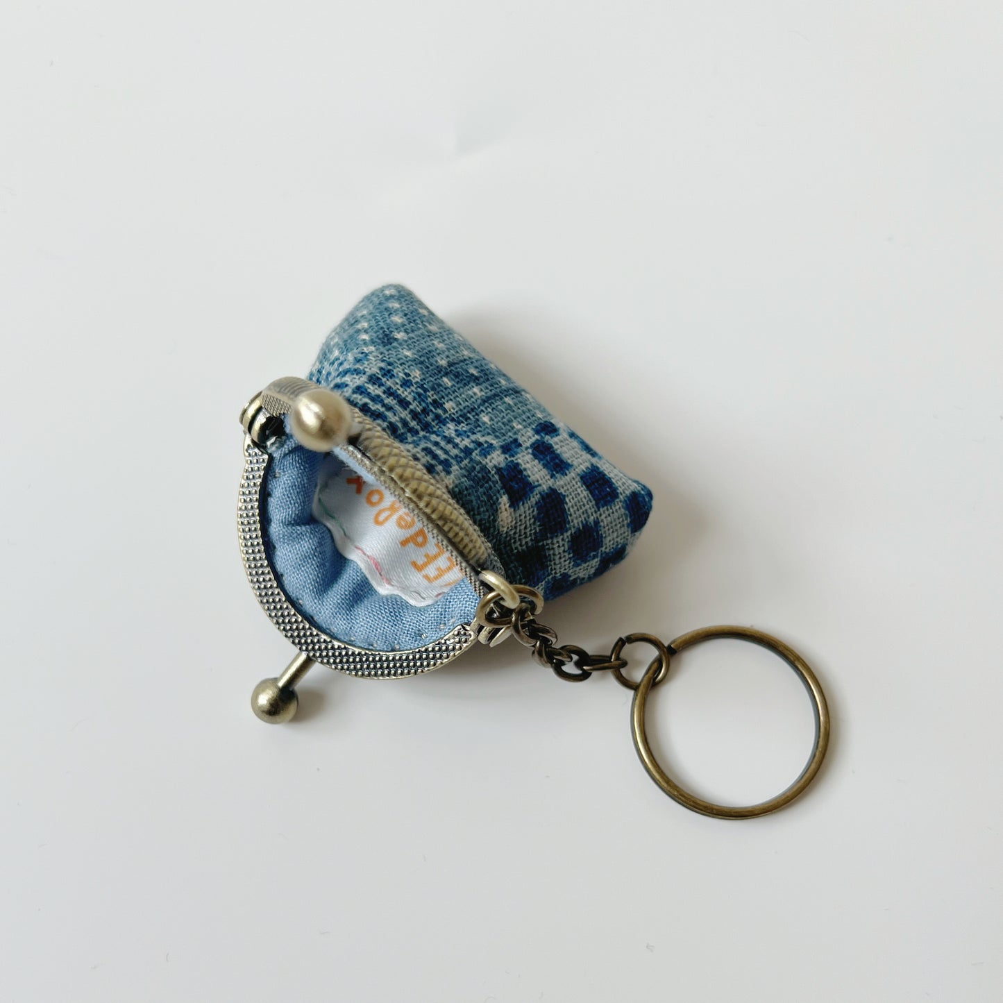 Blue Patches - Handsewn Half Round Tiny Kiss Lock Purse Keychain