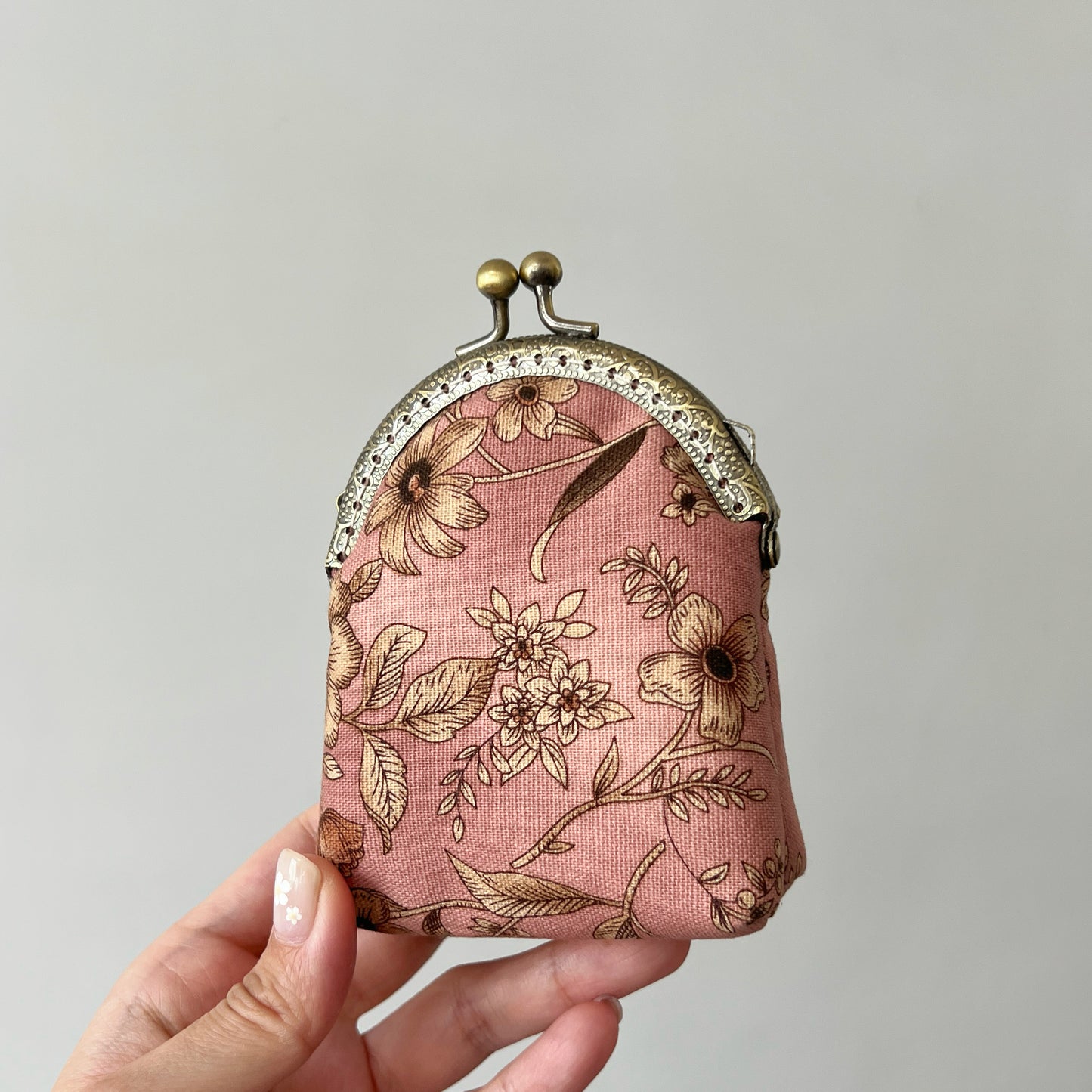 Old Pink Floral Fabric Kiss Lock Purse - Handmade Accessory Pink Fabric Pouch