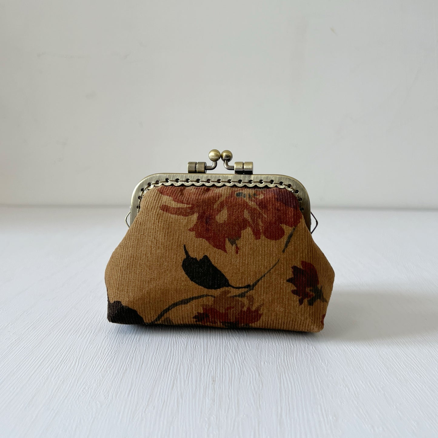 Old Brown Forest Corduroy Fabric Kiss Lock Purse - Handmade Accessory Purse