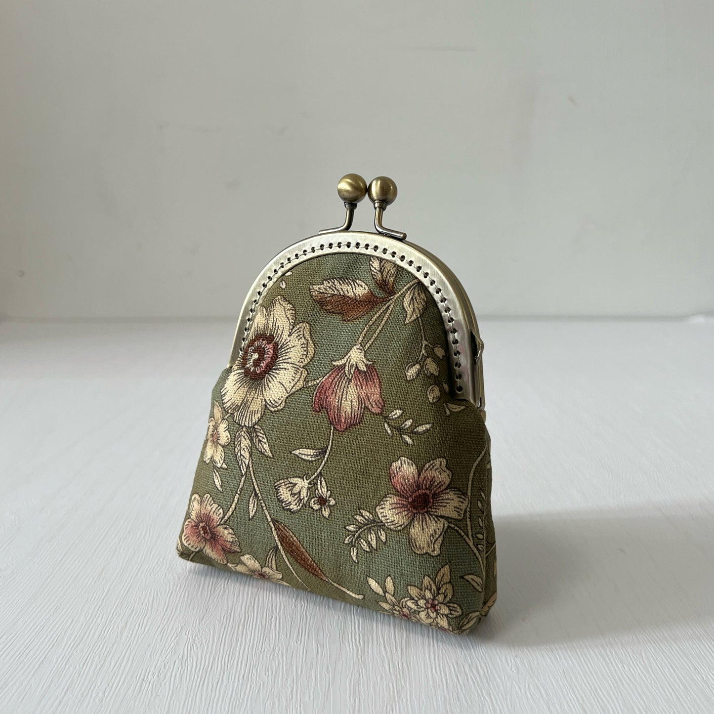 Old Green Garden Floral Fabric Kiss Lock Purse - Handmade Accessory Fabric Purse