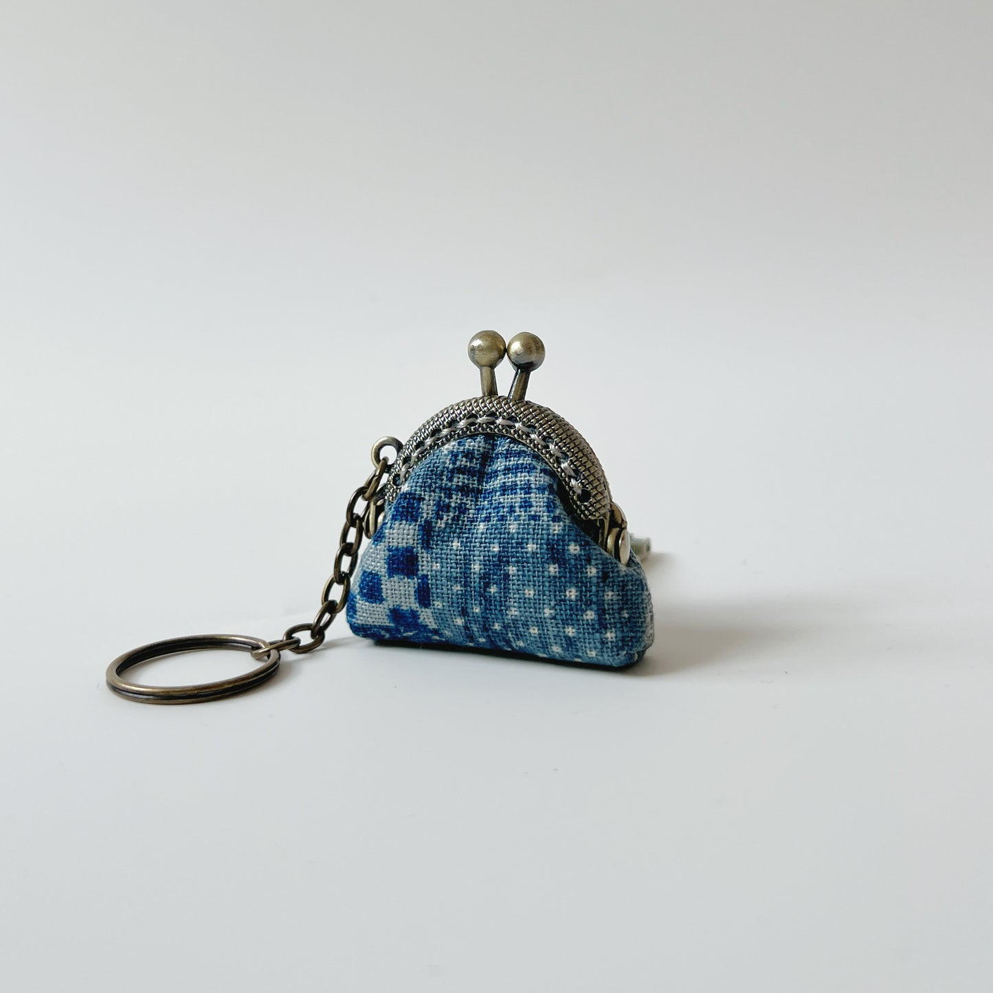 Blue Patches - Handsewn Half Round Tiny Kiss Lock Purse Keychain