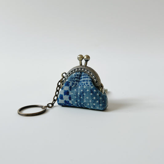 Blue Patches - Handsewn Half Round Tiny Kiss Lock Purse Keychain