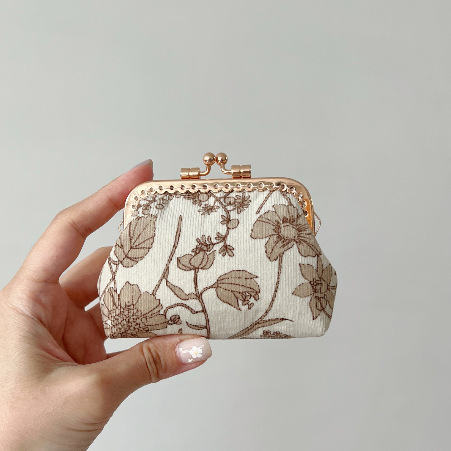 Beige Cream Floral Fabric Kiss Lock Purse - Handmade Accessory Purse