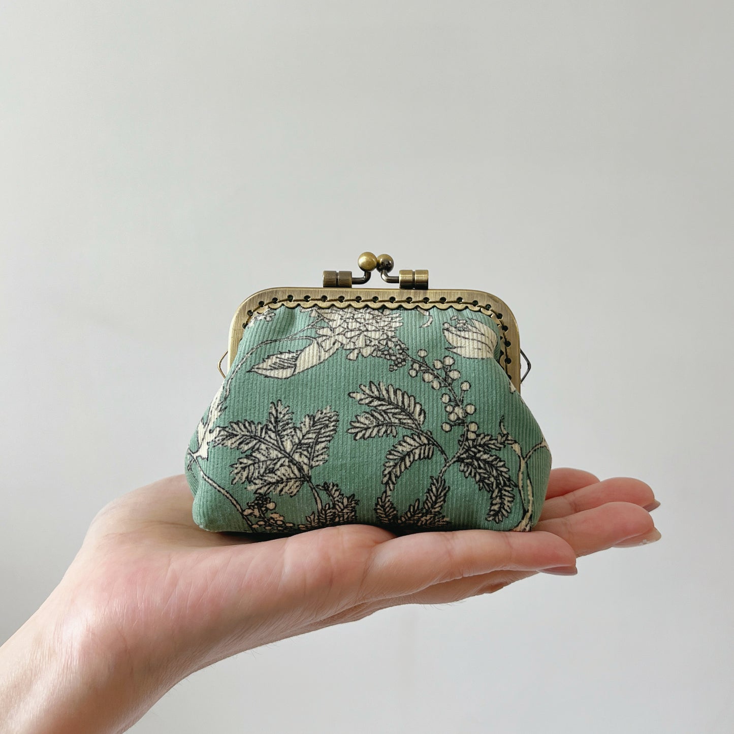 Mint Green Floral Fabric Kiss Lock Purse - Handmade Accessory Pouch