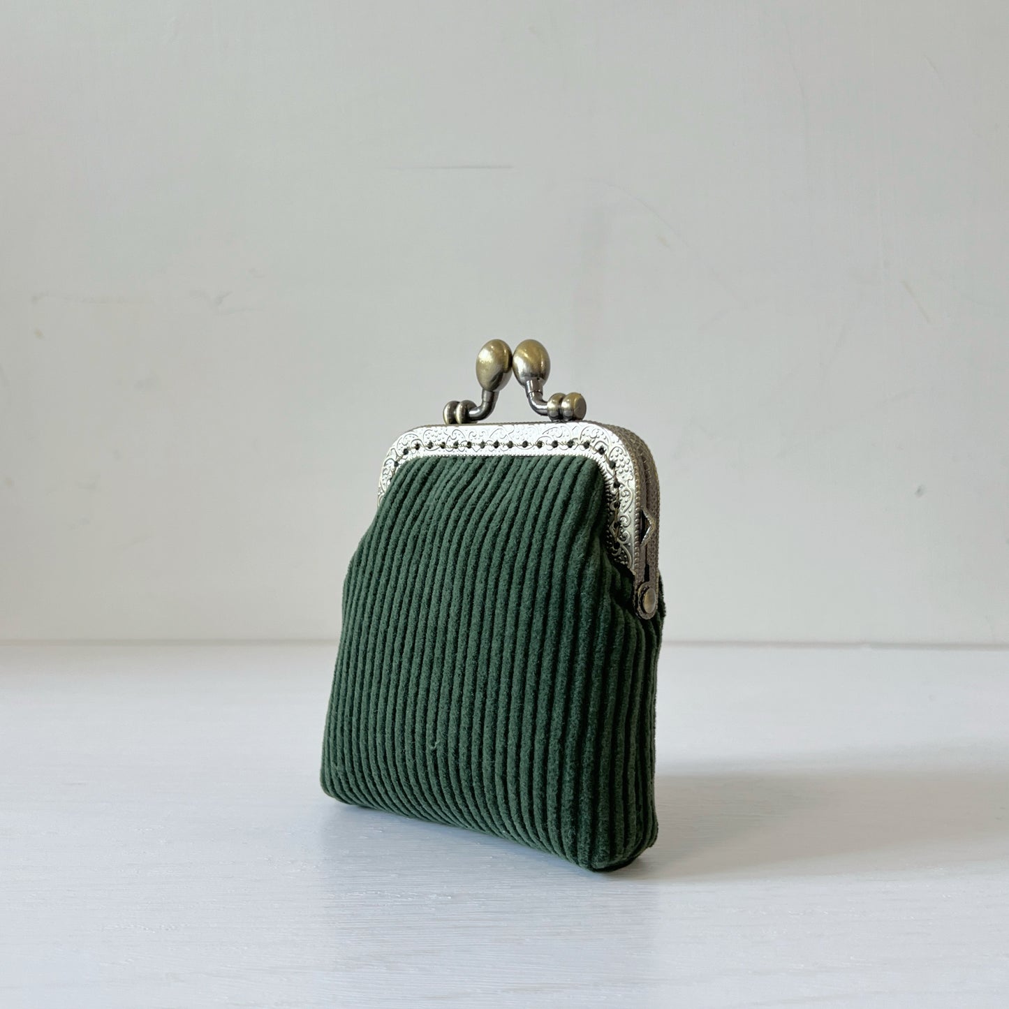 Green Corduroy Card Purse - Handsewn Kiss Lock Purse
