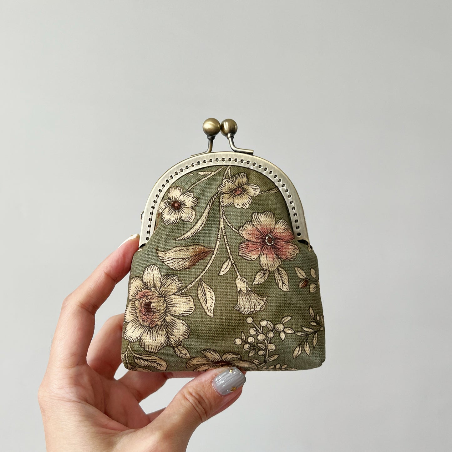 Old Green Garden Floral Fabric Kiss Lock Purse - Handmade Accessory Fabric Purse