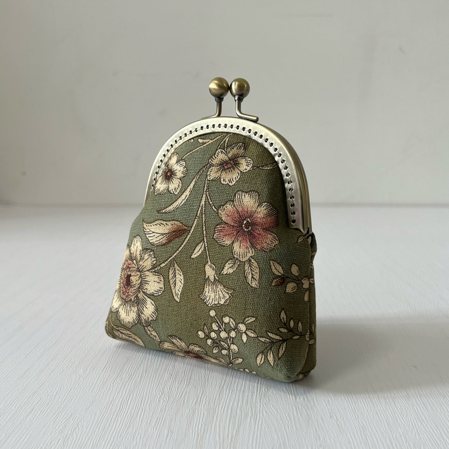 Old Green Garden Floral Fabric Kiss Lock Purse - Handmade Accessory Fabric Purse