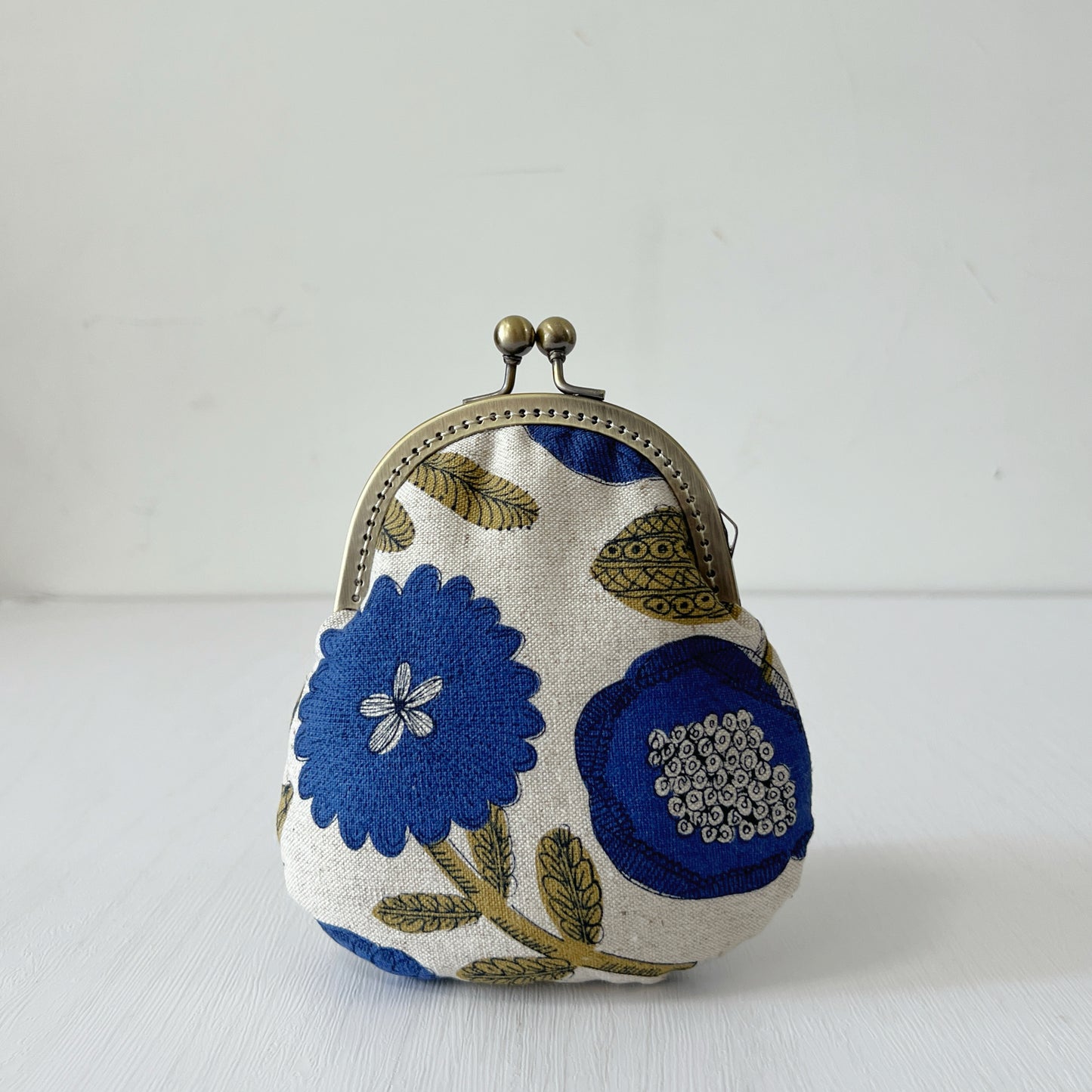 Cotton Canvas Blue Floral Fabric Kiss Lock Purse - Handmade Accessory Fabric Pouch