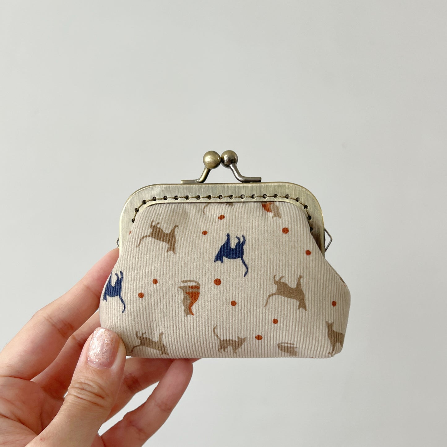 Beige Cats Corduroy Fabric Kiss Lock Purse - Handmade Accessory Purse