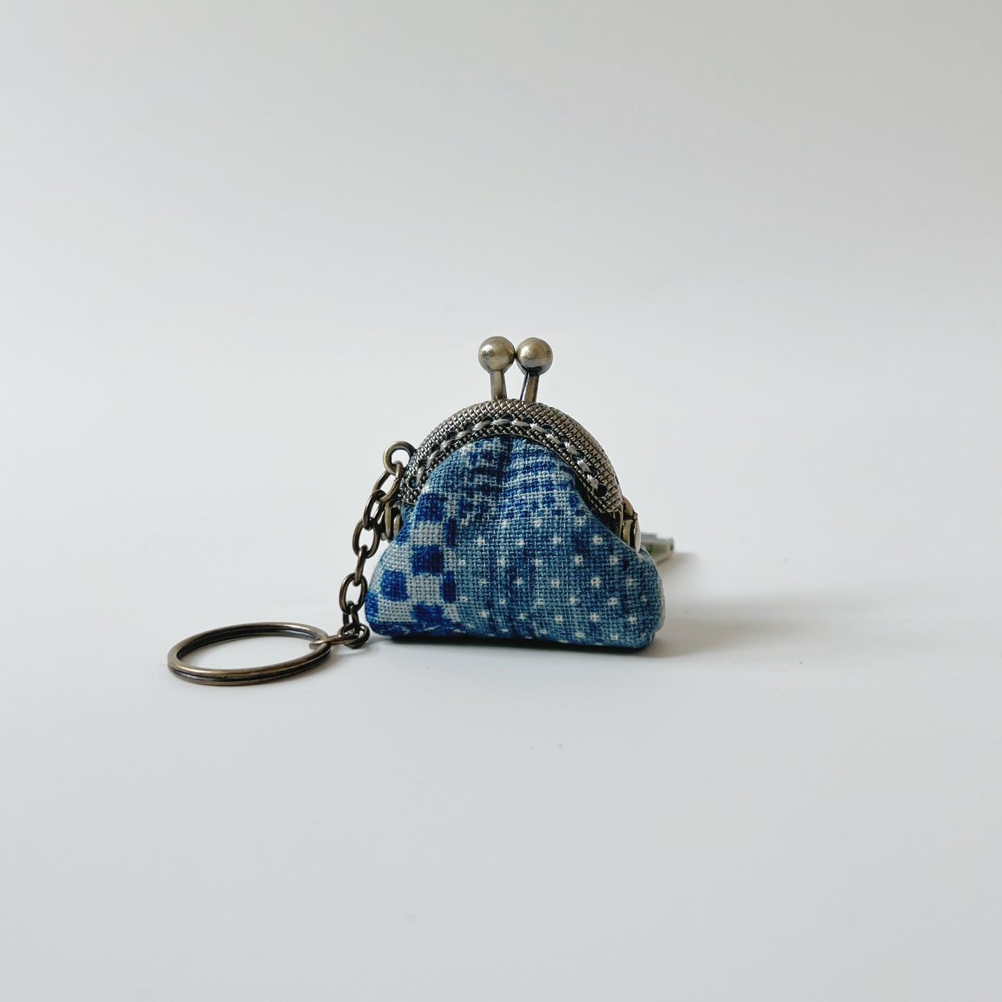 Blue Patches - Handsewn Half Round Tiny Kiss Lock Purse Keychain