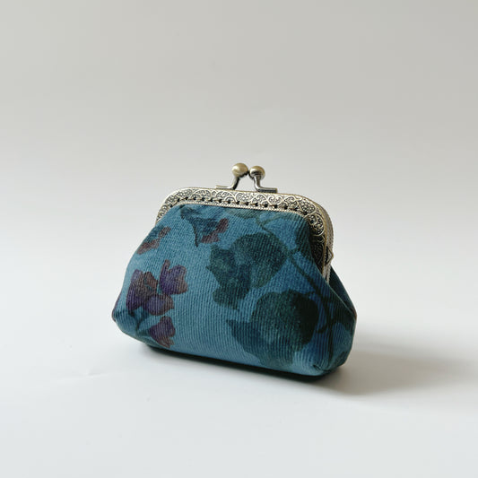 Vintage Blue Floral - Handmade Corduroy Fabric Kiss Lock Purse