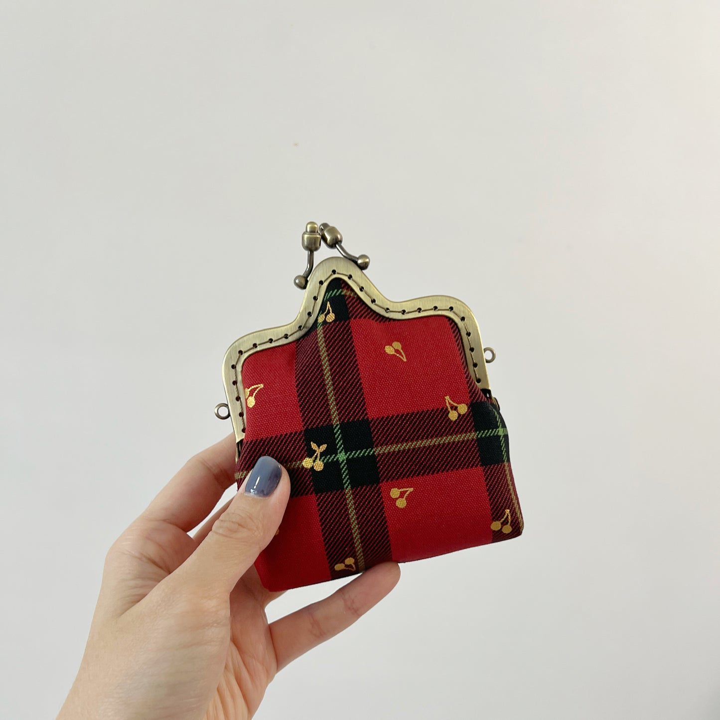 Red Tartan Cherries - Handmade Kiss Lock Crossbody Small Purse