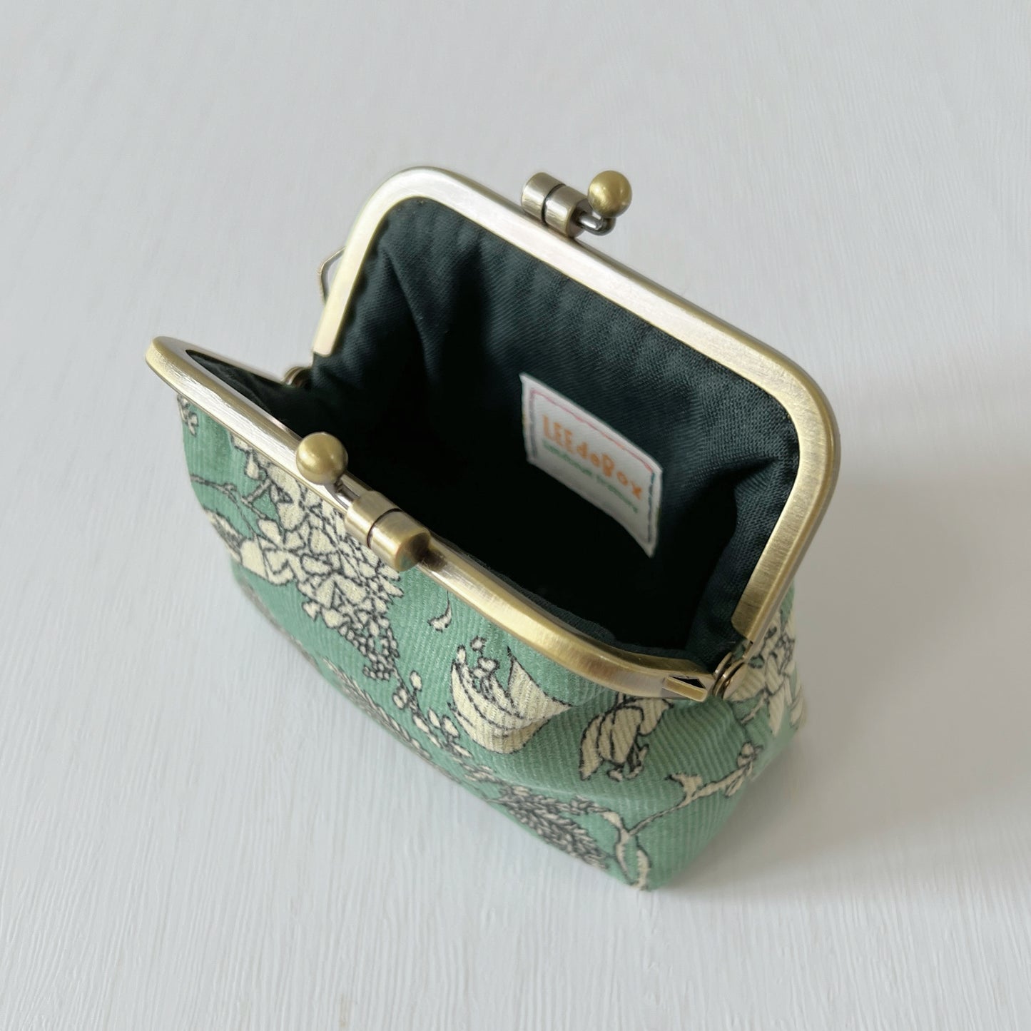 Mint Green Floral Fabric Kiss Lock Purse - Handmade Accessory Pouch