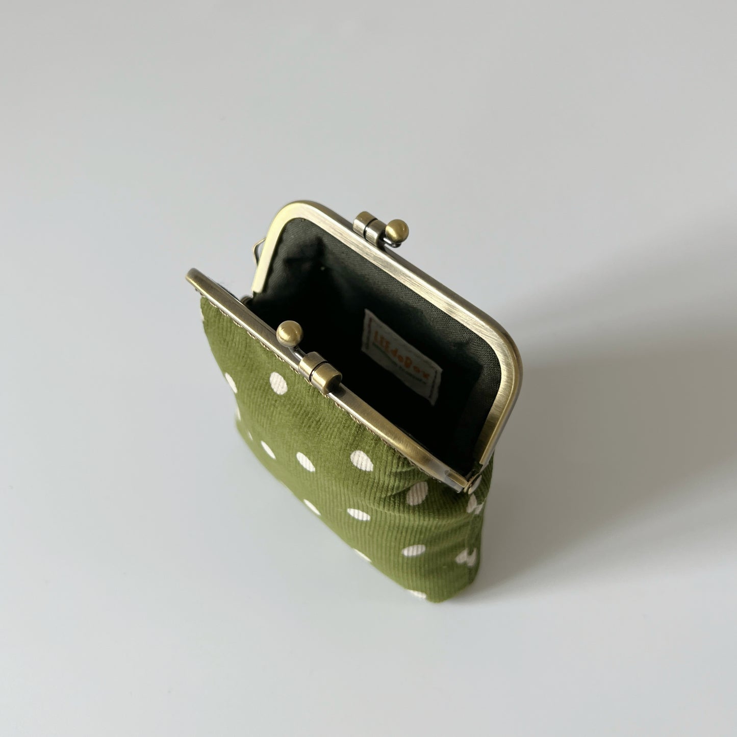 Olive Green Corduroy Polka Dots Card Purse - Handsewn Kiss Lock Purse