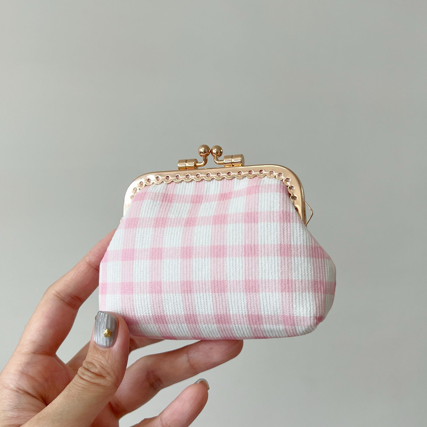 Pink Tiles Corduroy Fabric Kiss Lock Purse - Handmade Accessory Purse