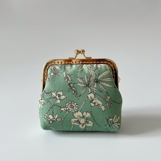 Mint Green Floral Corduroy - Handsewn Kiss Lock Card Purse