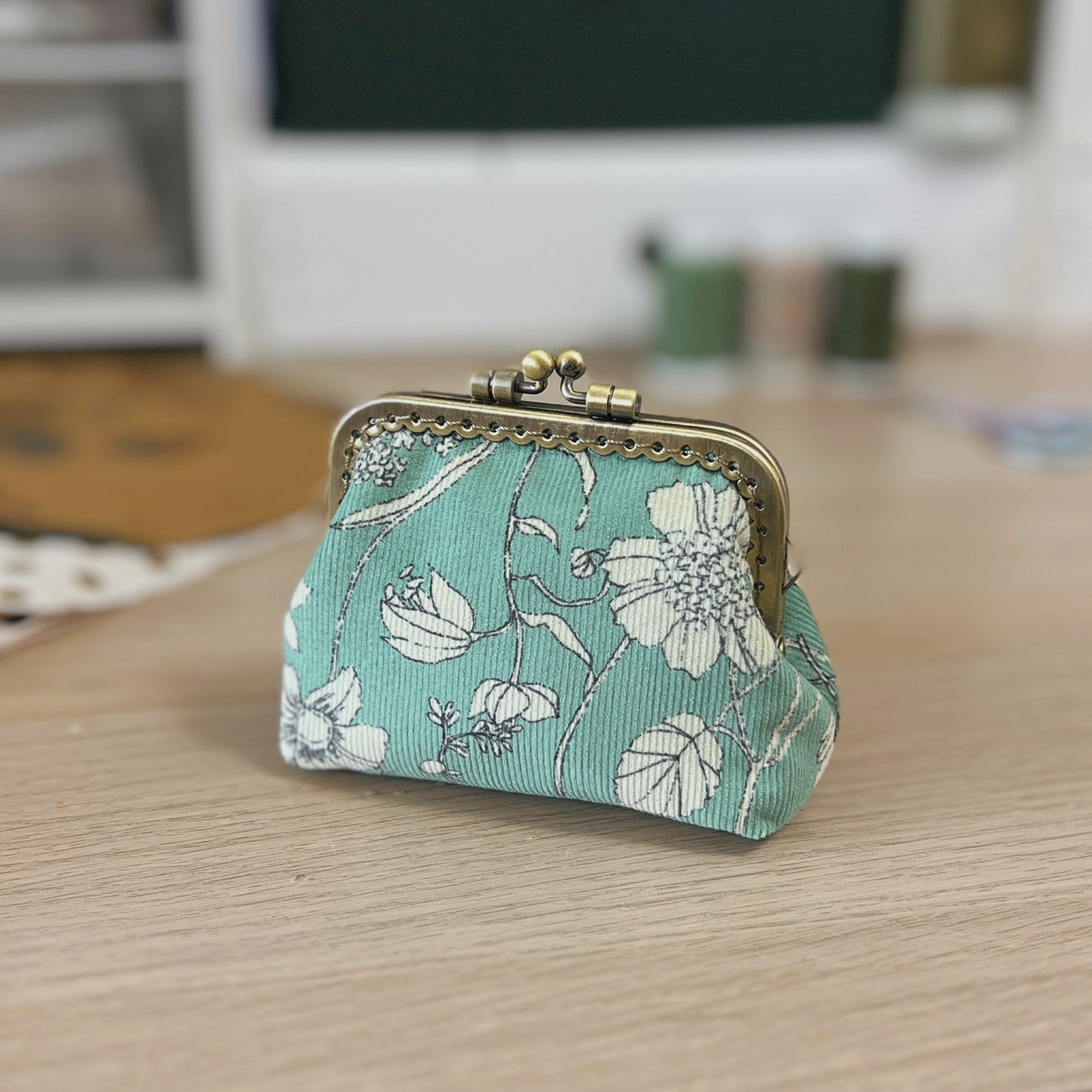 Mint Green Floral Fabric Kiss Lock Purse - Handmade Accessory Pouch