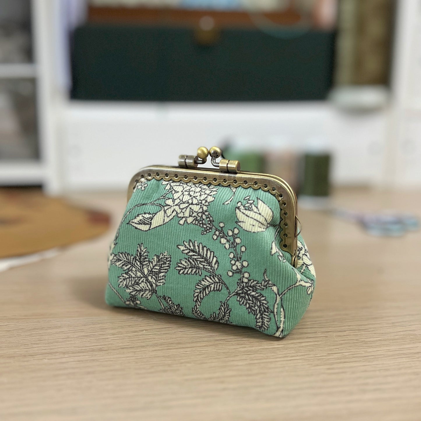 Mint Green Floral Fabric Kiss Lock Purse - Handmade Accessory Pouch