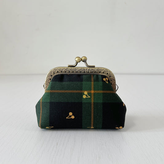 Black Green Tartan Gold Cherries Fabric Kiss Lock Purse - Handmade Accessory Purse