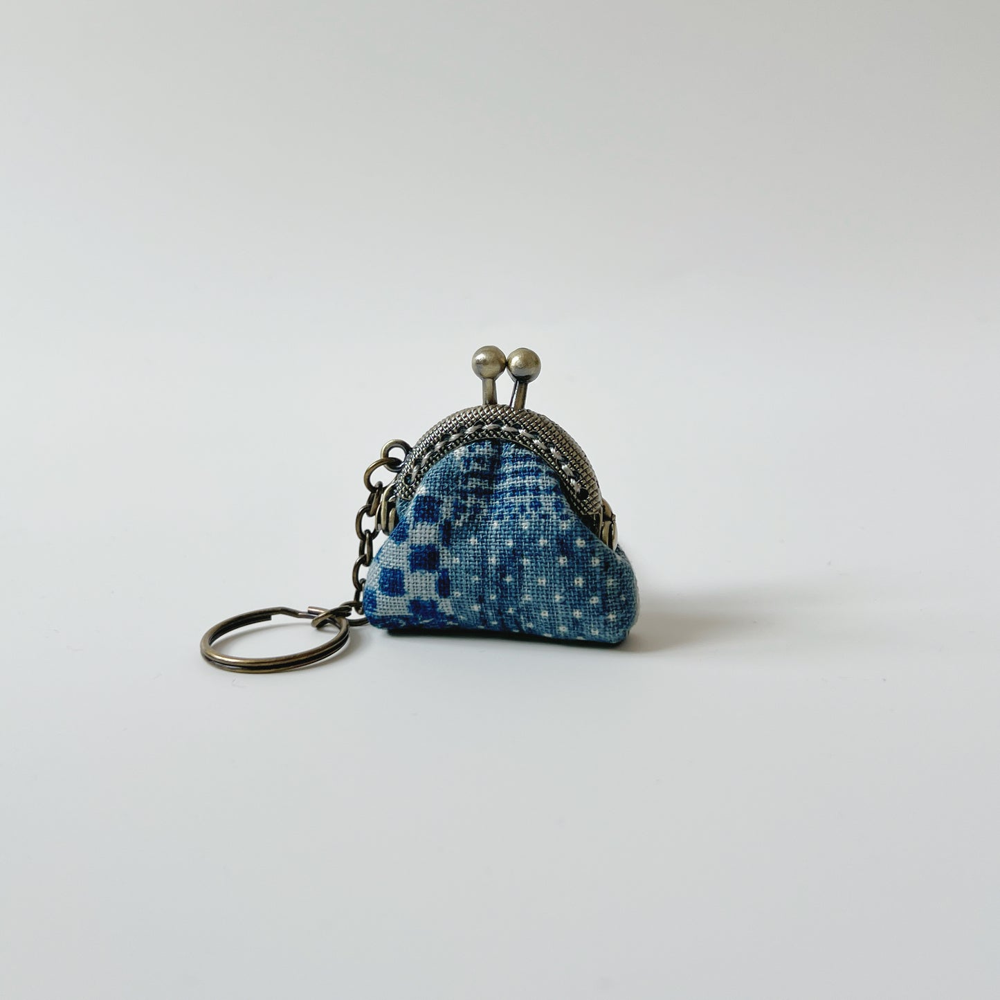 Blue Patches - Handsewn Half Round Tiny Kiss Lock Purse Keychain