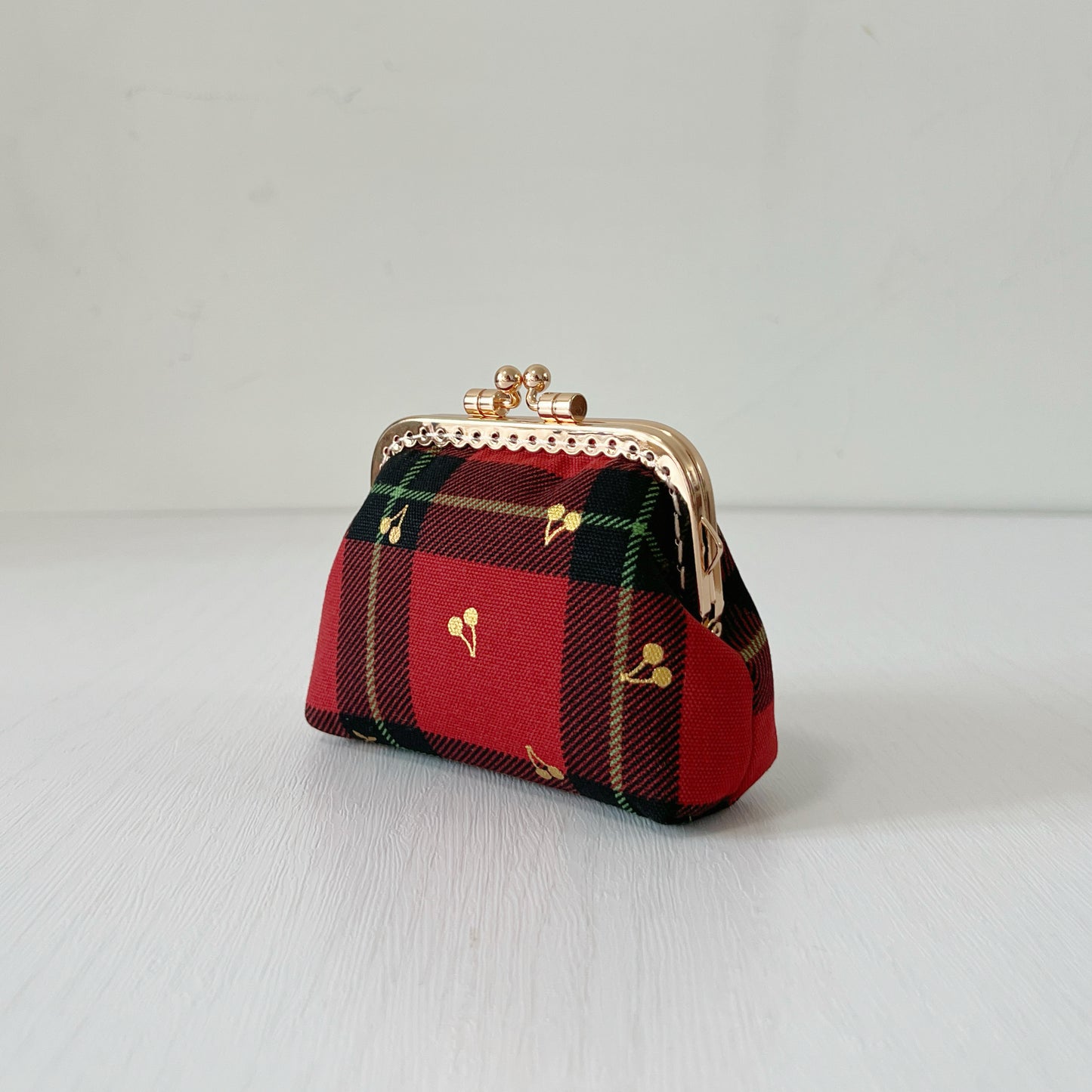 Red Tartan Gold Cherries Fabric Kiss Lock Purse - Handmade Accessory Purse