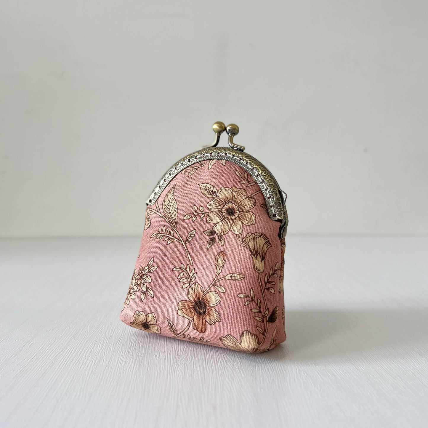 Old Pink Floral Fabric Kiss Lock Purse - Handmade Accessory Pink Fabric Pouch