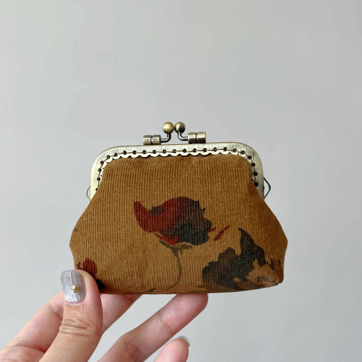 Old Brown Forest Corduroy Fabric Kiss Lock Purse - Handmade Accessory Purse