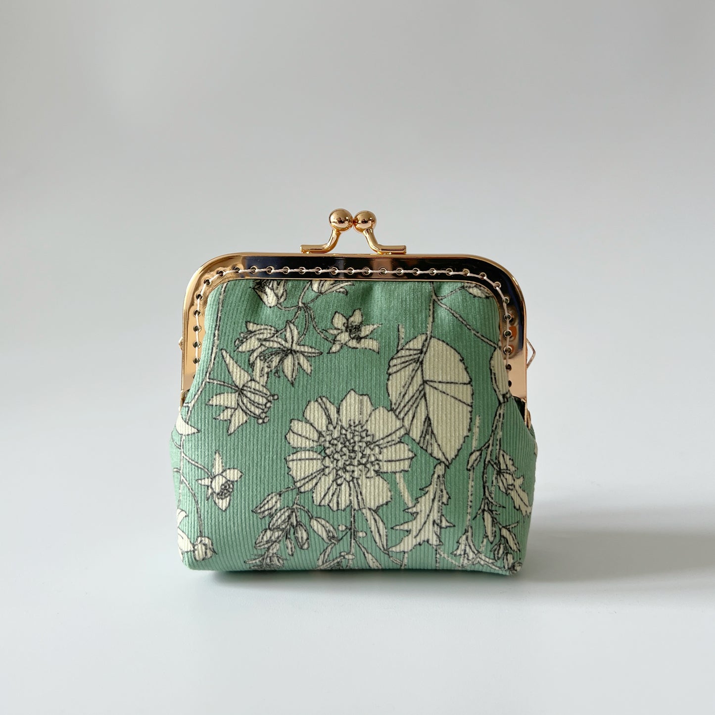 Mint Green Floral Corduroy - Handsewn Kiss Lock Card Purse