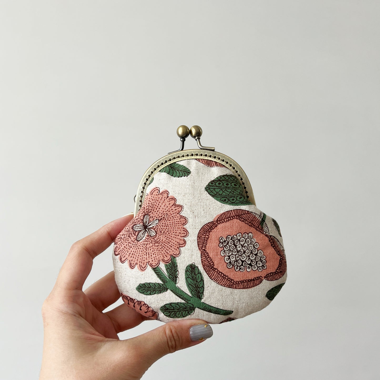 Cotton Canvas Pink Floral Fabric Kiss Lock Purse - Handmade Accessory Fabric Pouch