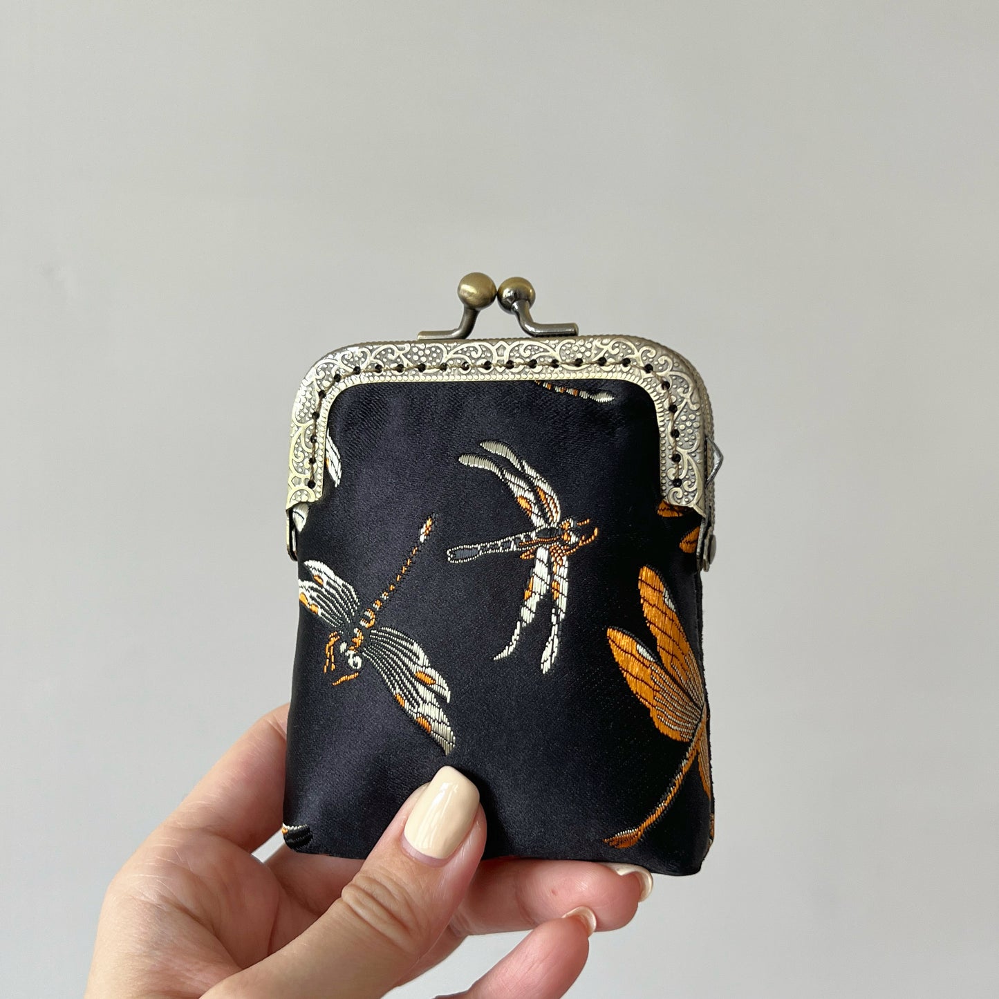 Black Dragonfly - Handmade Kiss Lock Card Purse